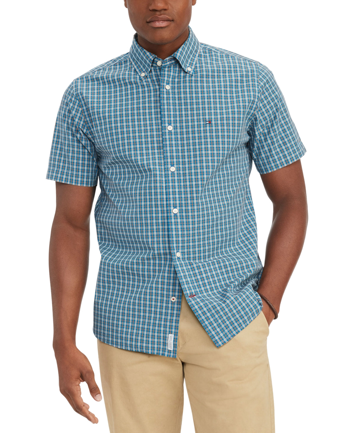 Tommy Hilfiger Men's Short Sleeve Button Down Poplin Shirt Aqua Large