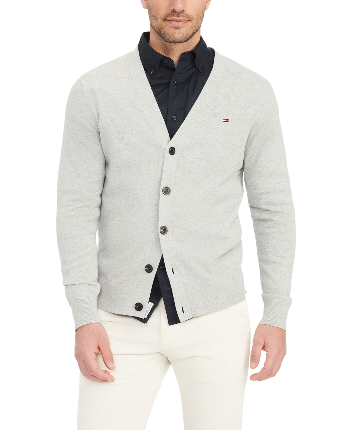 Tommy Hilfiger Mens Essential Embroidered Logo Cardigan Sweater Light Grey Small