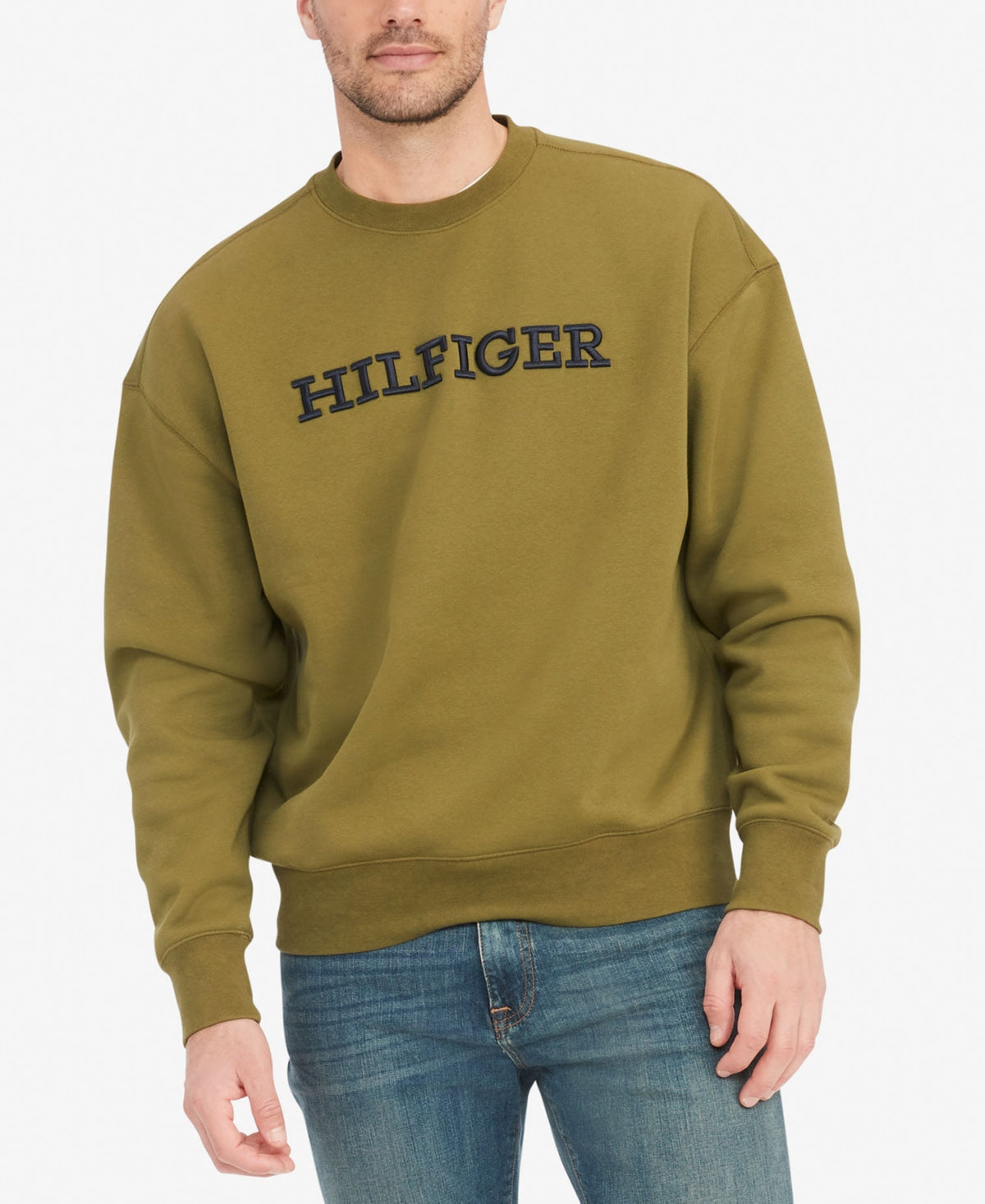 Tommy Hilfiger Mens Embroidered Monotype Logo Crewneck Sweatshirt Green Medium