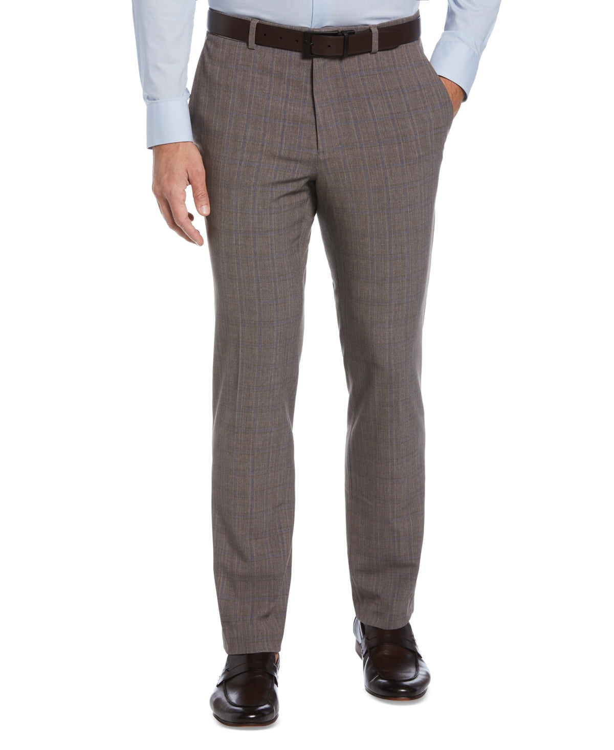Perry Ellis Mens Slim fit Dress Pants 34 / 34 Mushroom Grey Plaid Stretch