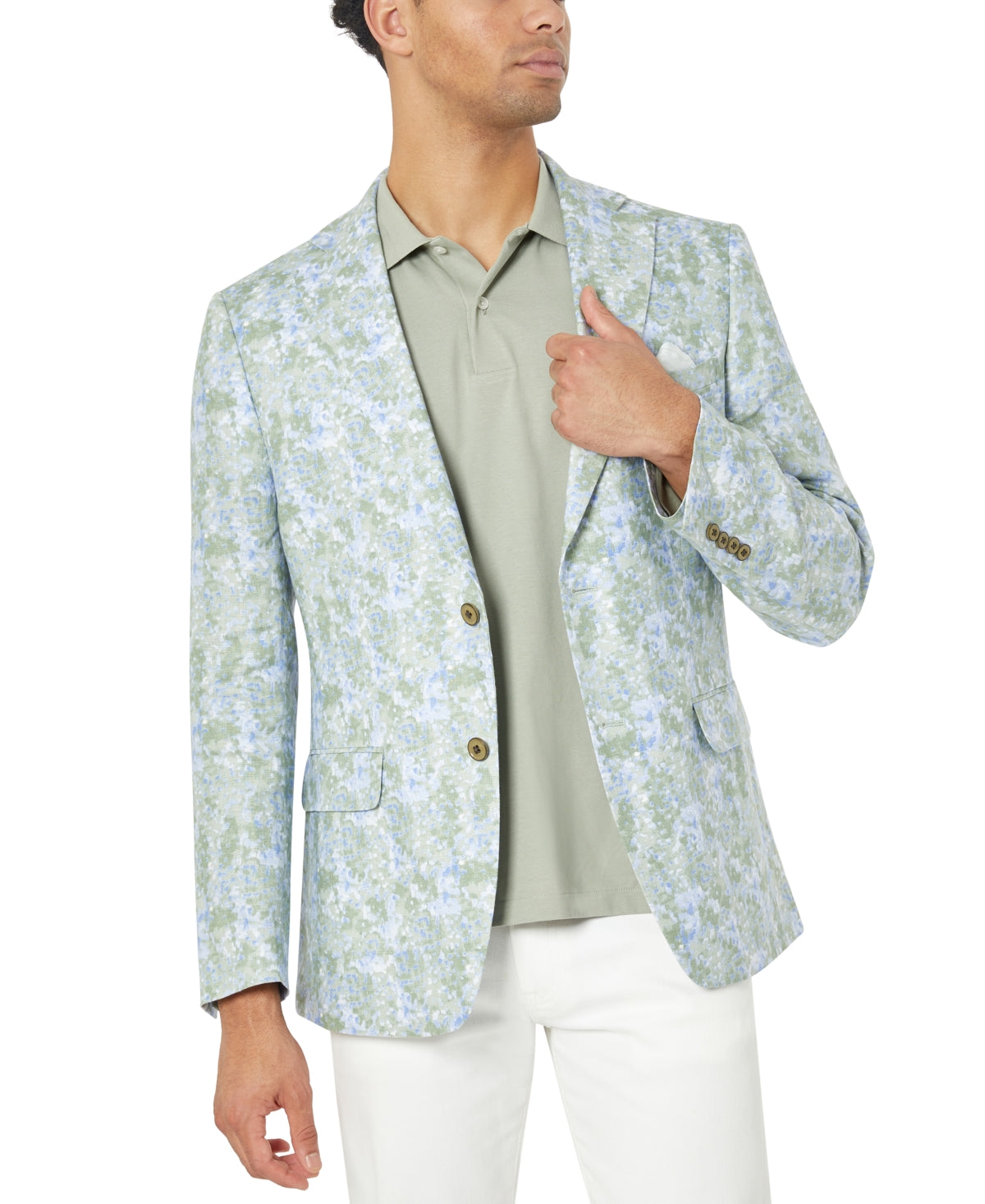 Tallia Mens Slim Fit Patterned Linen Sport coat Blue Green 42R