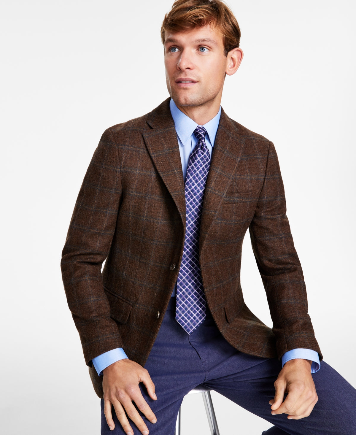 Tommy Hilfiger Mens Modern Fit Wool Sport Coat Blazer Brown Blue 36R Plaid