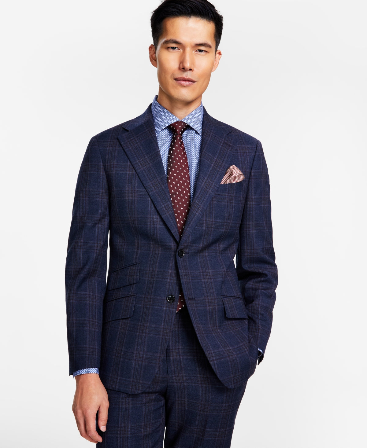 Tallia Mens Slim Fit Stretch Plaid Sport Coat Blazer Blue Brown  44L