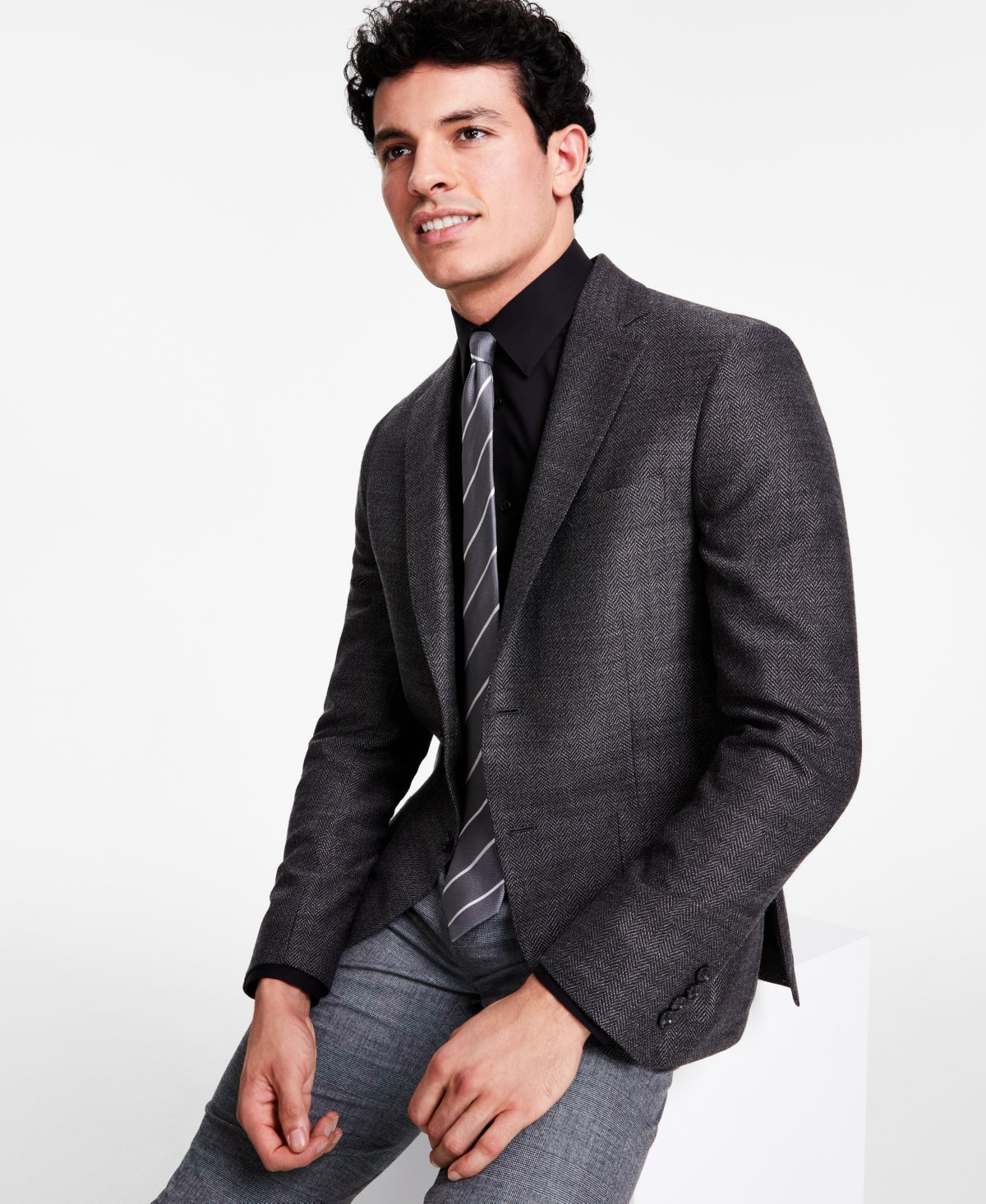 Calvin Klein Mens Slim fit Sport Coat Blazer 42 L Black White Herringbone