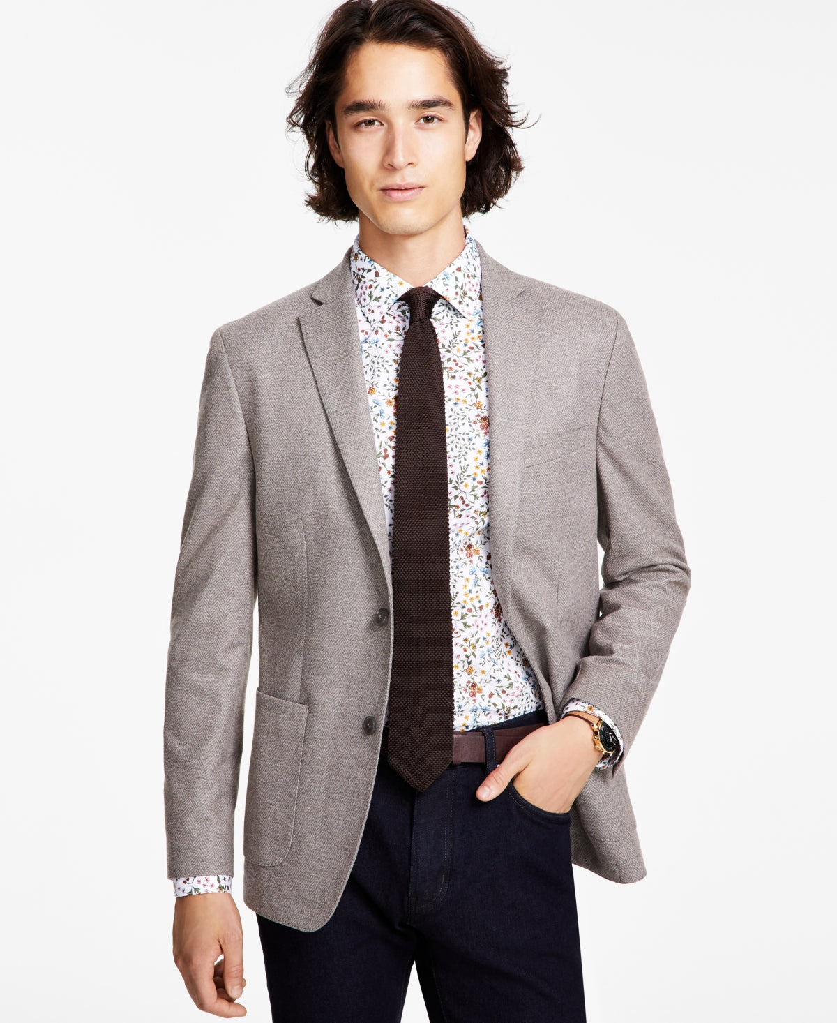 Bar Iii Mens Slim fit Sport Coat Blazer 44 R Beige Herringbone Stretch
