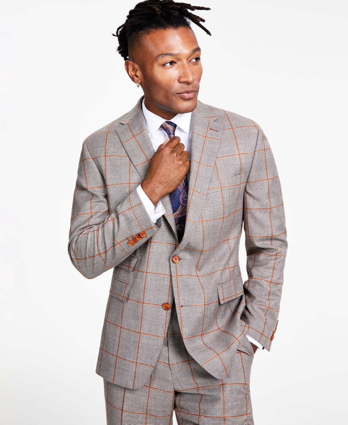 Tayion Collection Men's Classic Fit Brown & Gray Plaid Suit Jacket 40R