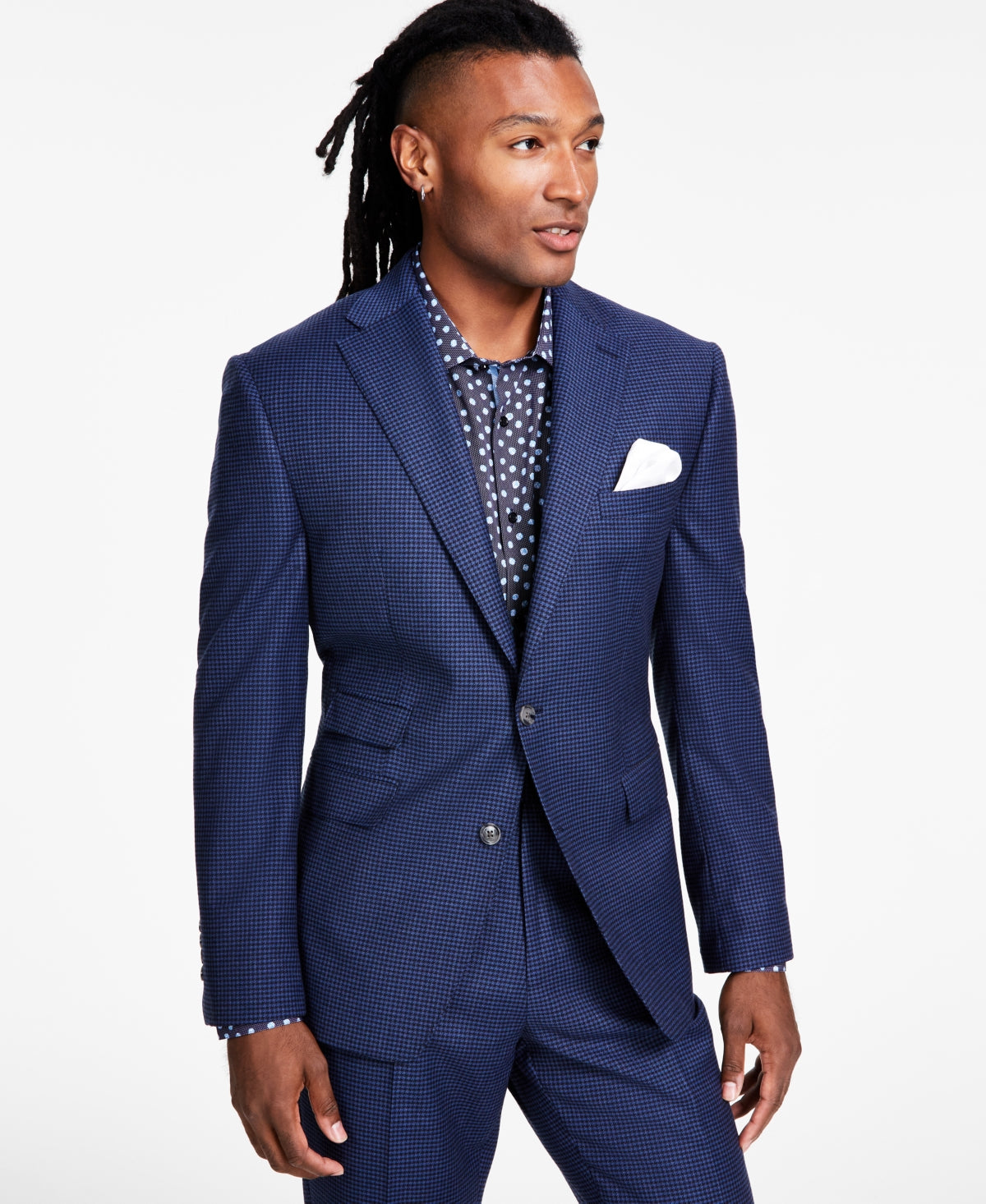 Tayion Collection Men's Classic Fit Stretch Suit Jacket Navy Houndstooth 42S