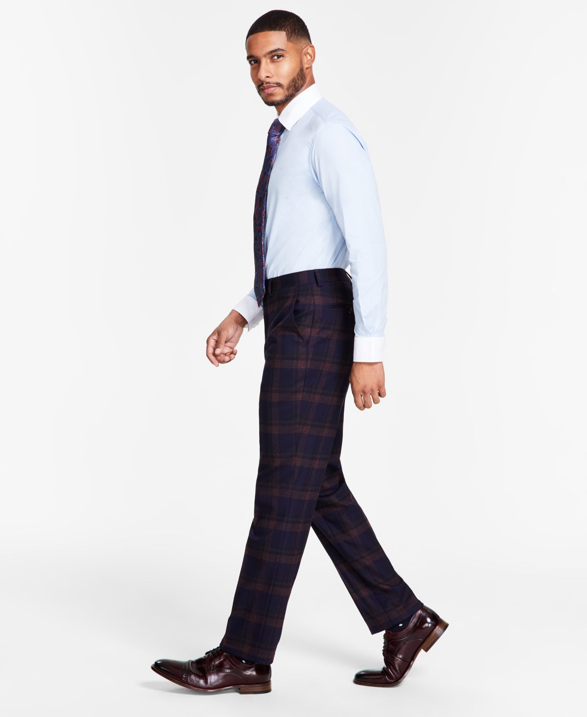 Tayion Collection Mens Classic Fit Suit Dress Pants Blue Red Plaid  34 x 32