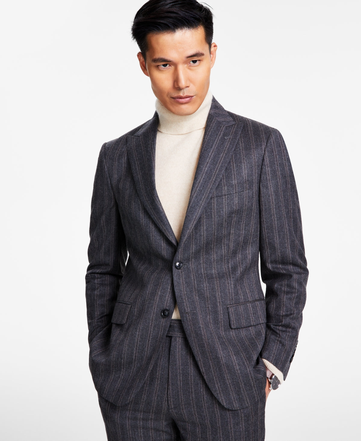 Tallia Mens Slim fit Suit Jacket Blazer 46 R Grey Striped Stretch
