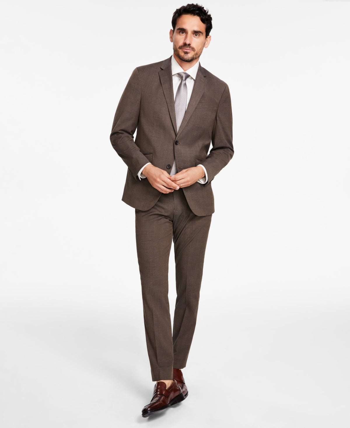 Kenneth Cole Reaction Mens Slim-Fit Ready Flex Suit 44R / 37 x 32 Brown Plaid