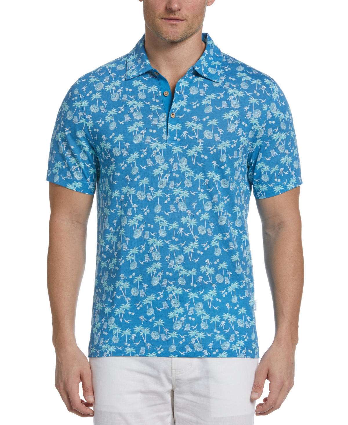Cubavera Men's Tropical Print Short Sleeve Polo Shirt Mediterranean Blue Small