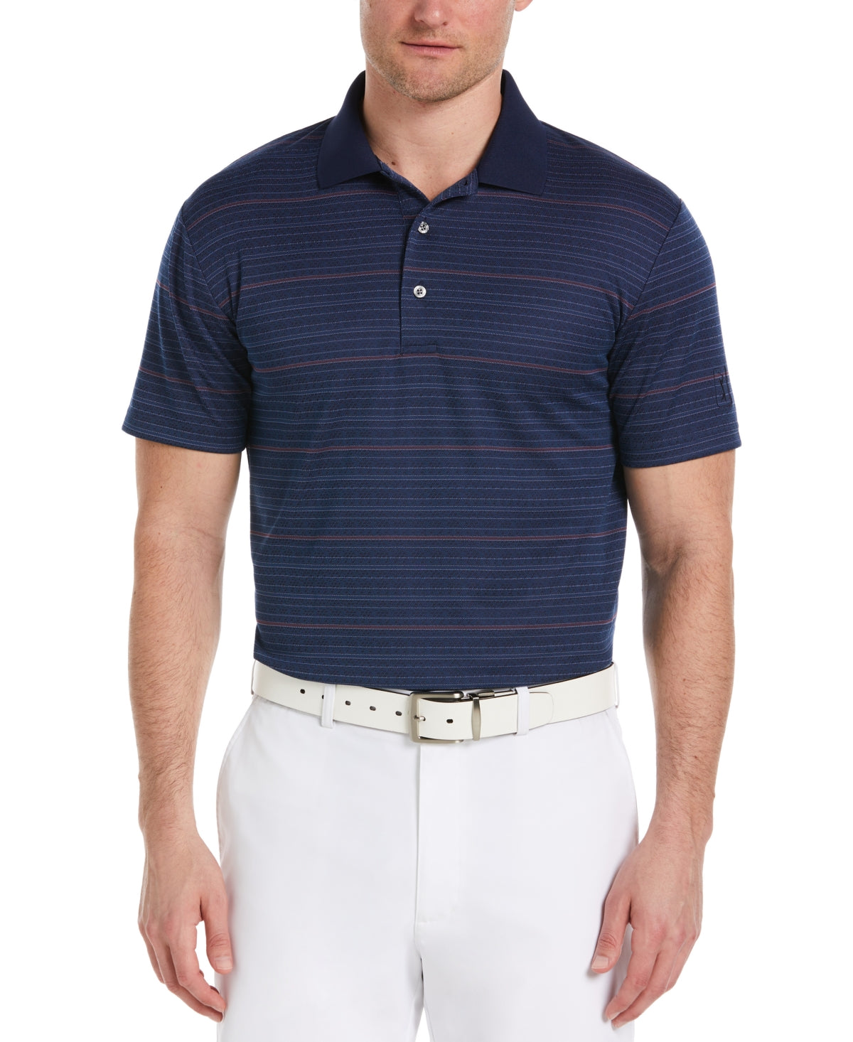 Pga Tour Men's Geo Print Jacquard Short Sleeve Golf Polo Shirt Blue Small