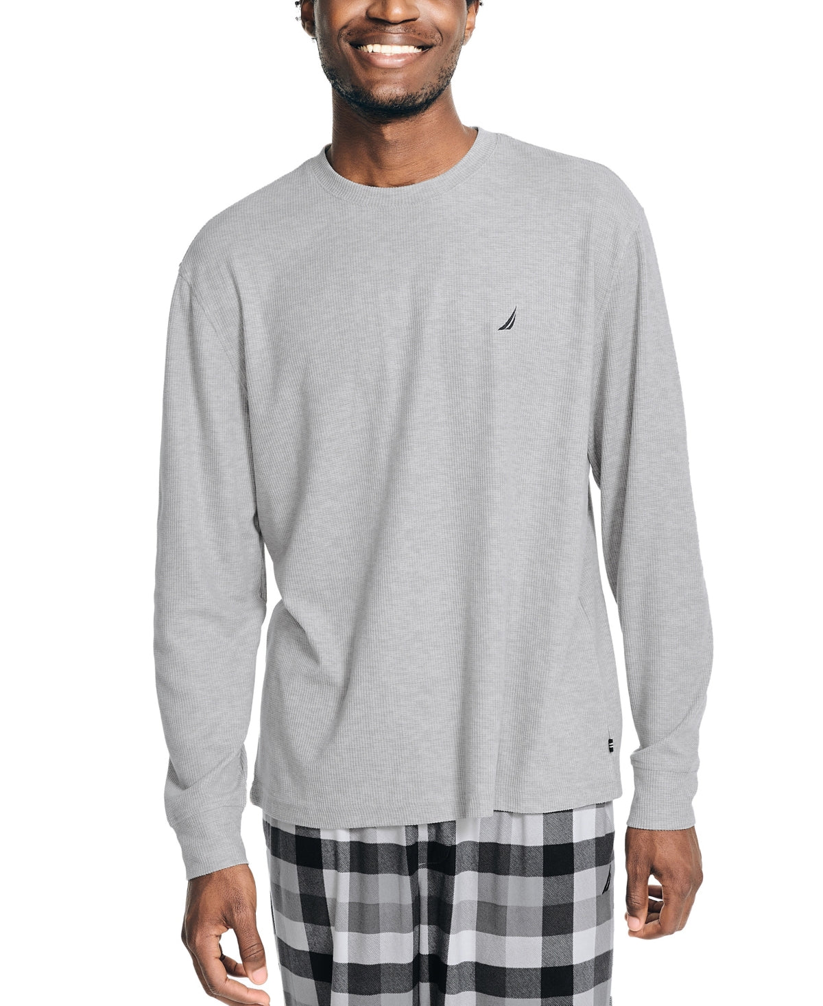 Nautica Mens Waffle Long Sleeve Sleep T Shirt Heather Gray Medium
