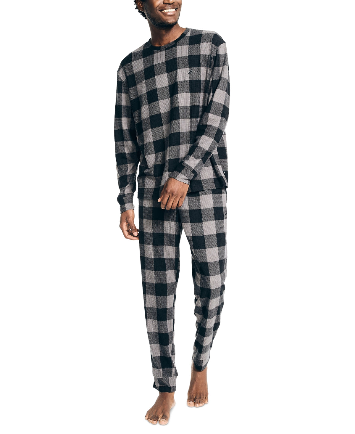 Nautica Men's 2-Pc. Relaxed Waffle-Knit T Shirt Pajama Pants Set XXL Grey Plaid