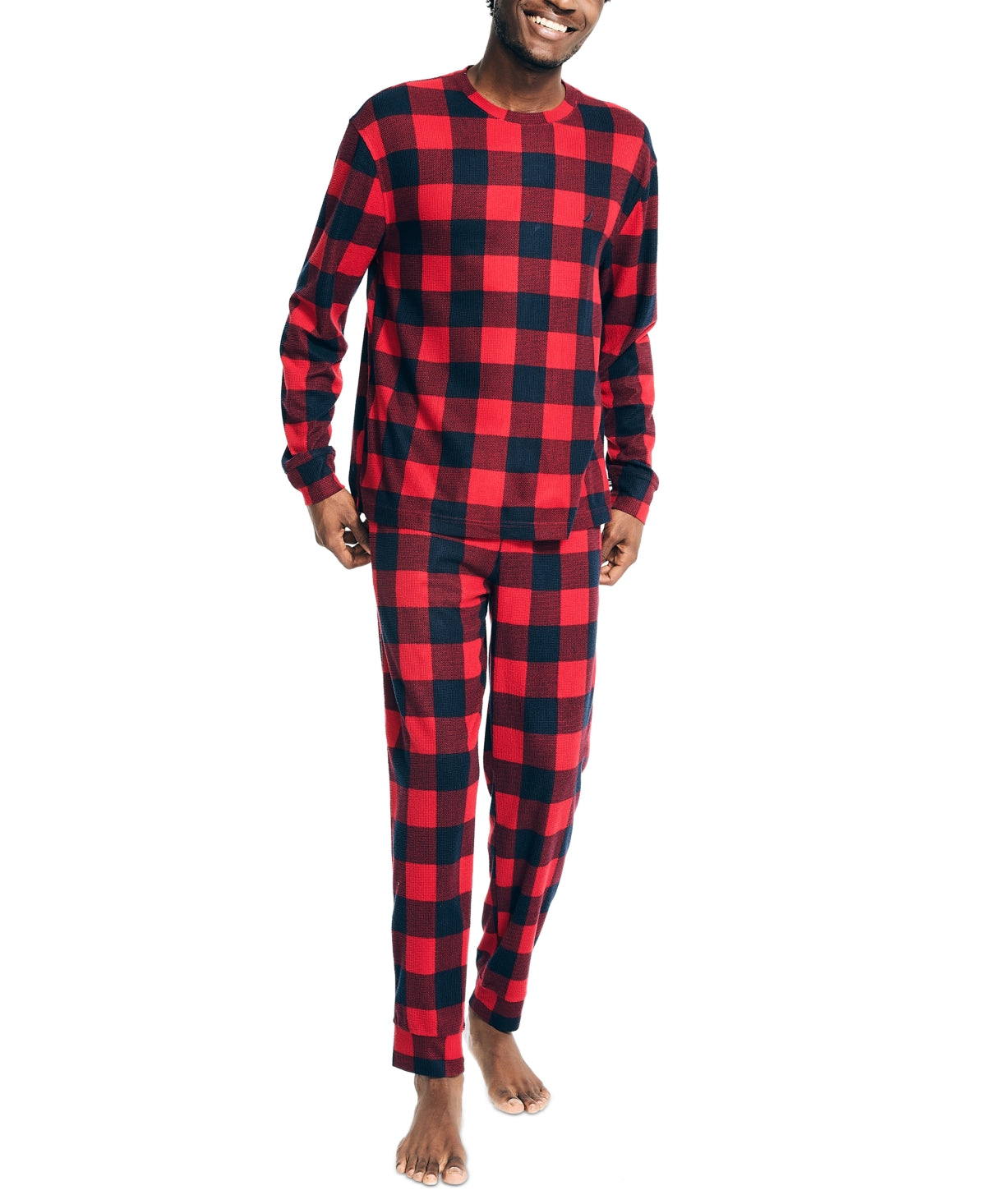 Nautica Men's 2 Pc Relaxed Fit Waffle Pajama Set Shirt Pants Red Black Medium