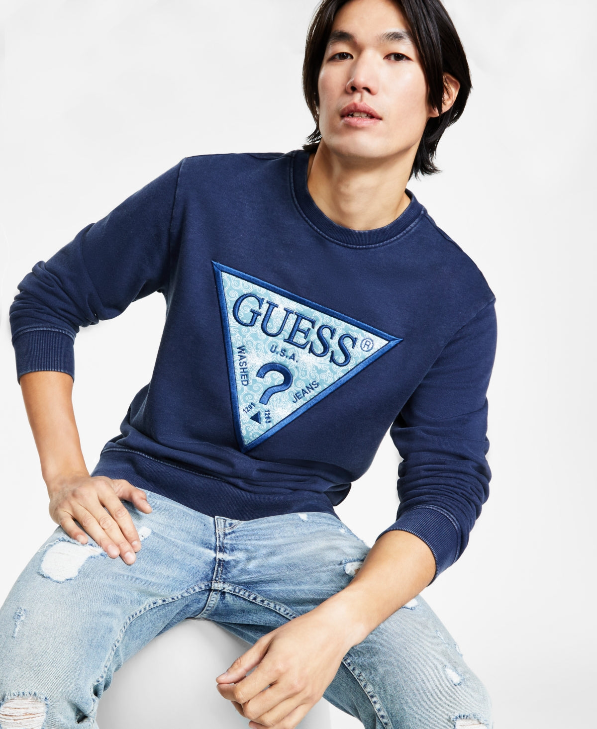 Guess Mens Regular fit Long Sleeve Crewneck Graphic Sweatshirt XL Blue Solid