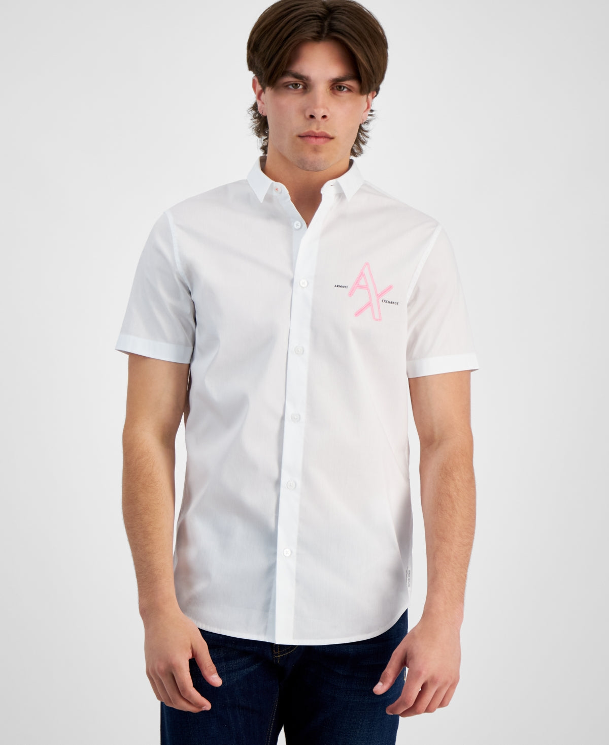 AX Armani Exchange Mens Neon Logo Print Button Down Shirt White Pink Medium