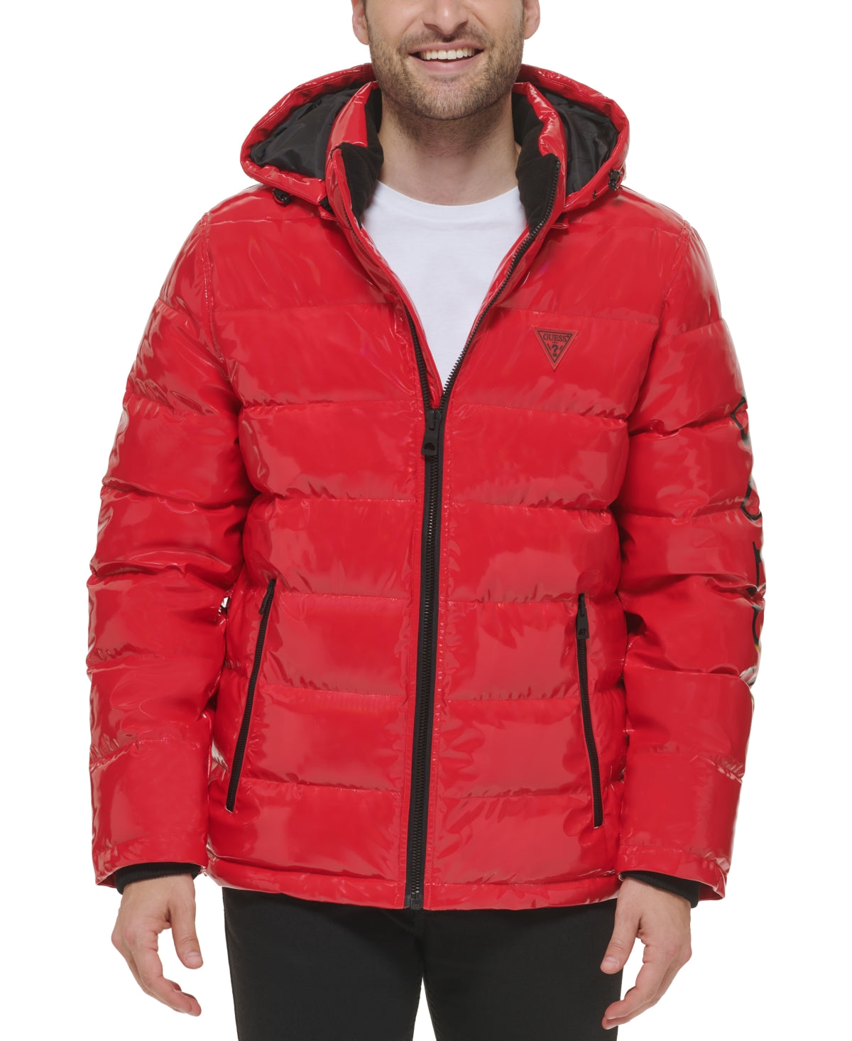 Guess Men Classic fit Puffer Jacket Coat Small Red Solid Hooded