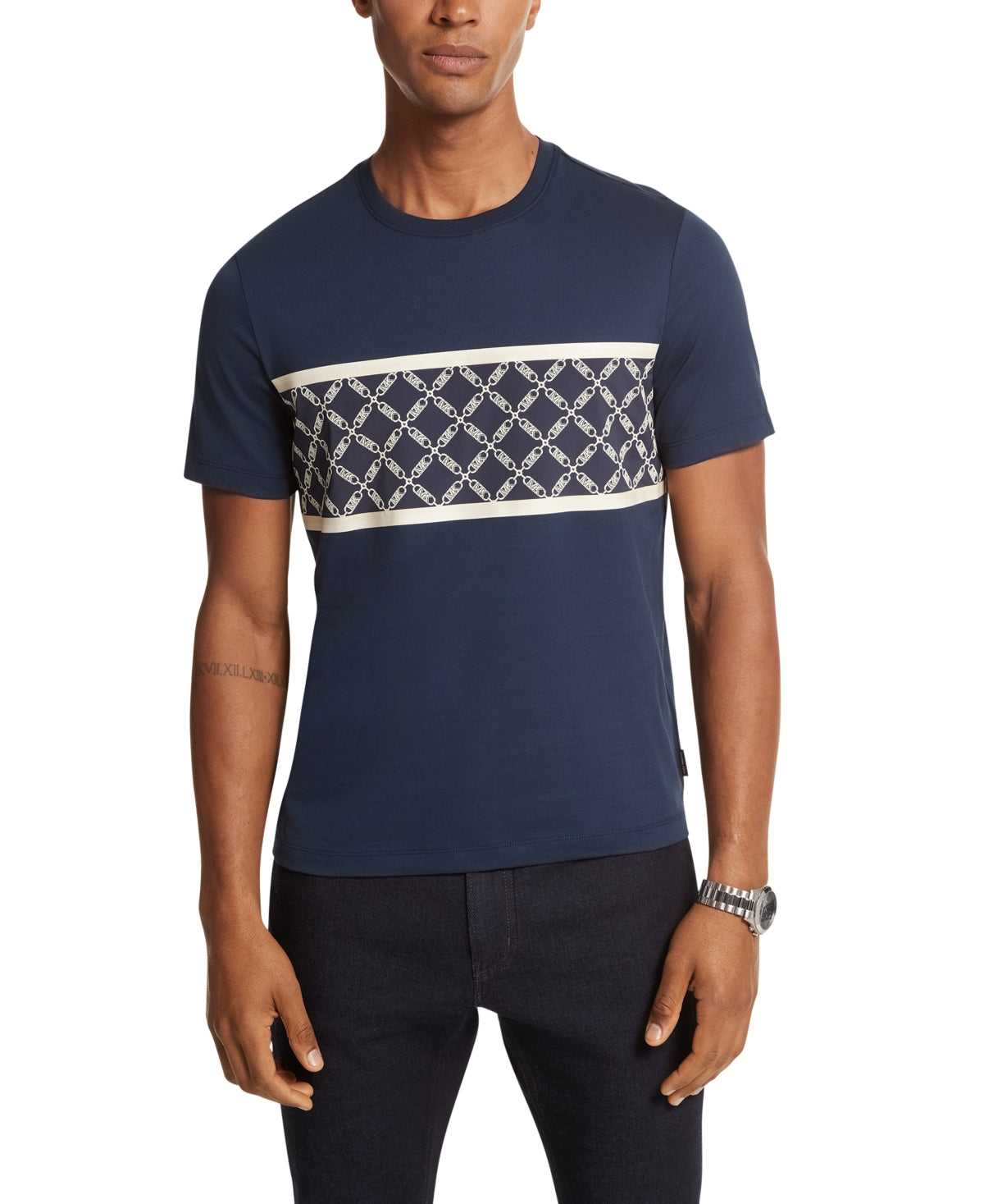 Micheal Kors Mens Logo Print Short Sleeve Crewneck T Shirt Blue Large