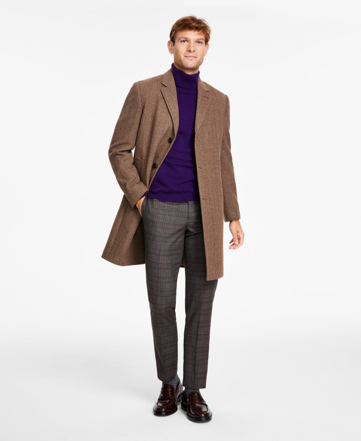 Michael Kors Mens Classic fit Overcoat Coat 46 R Brown Herringbone