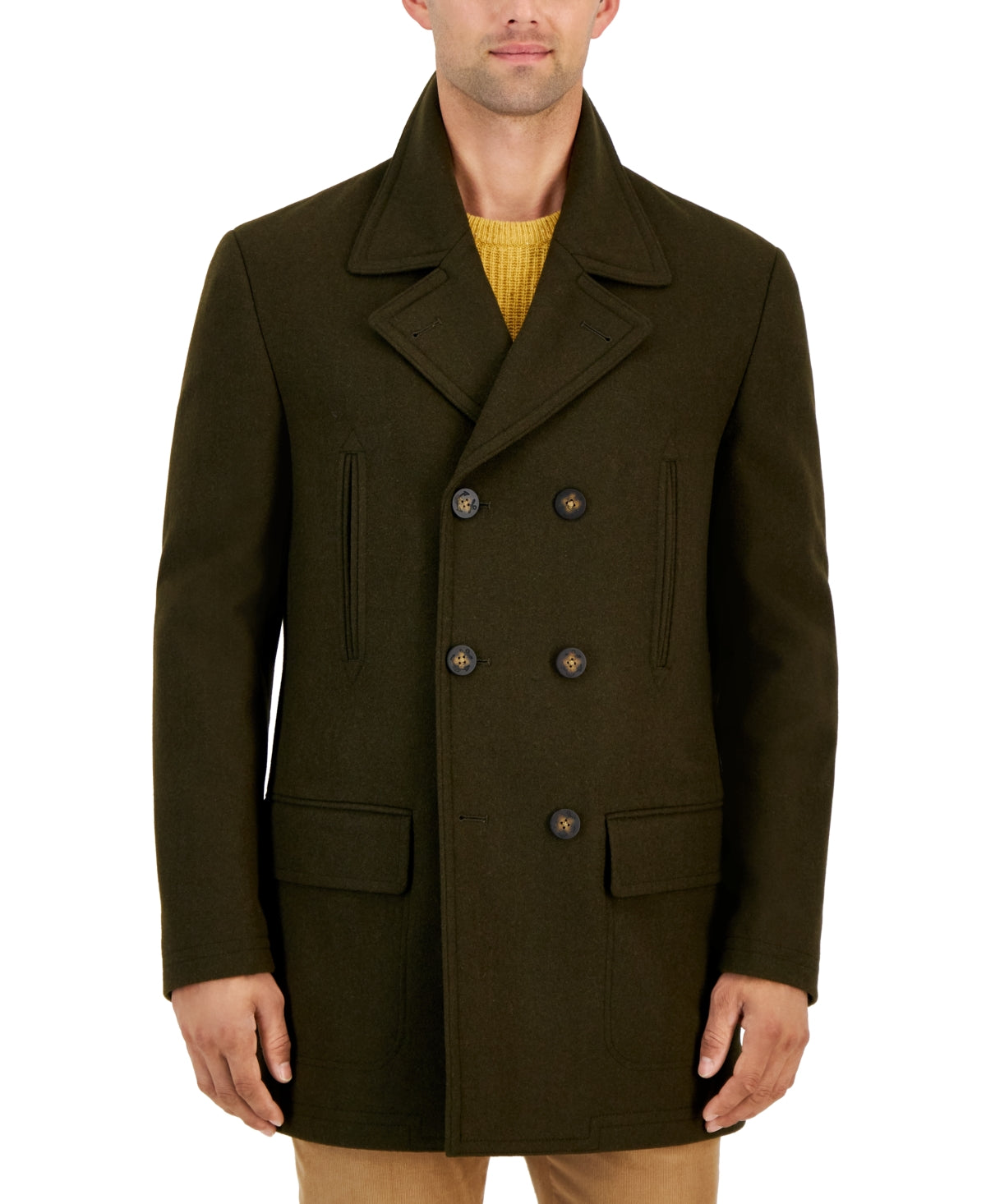 Michael Kors Men's Classic Fit Double Breasted Peacoat Olive Green 48 L