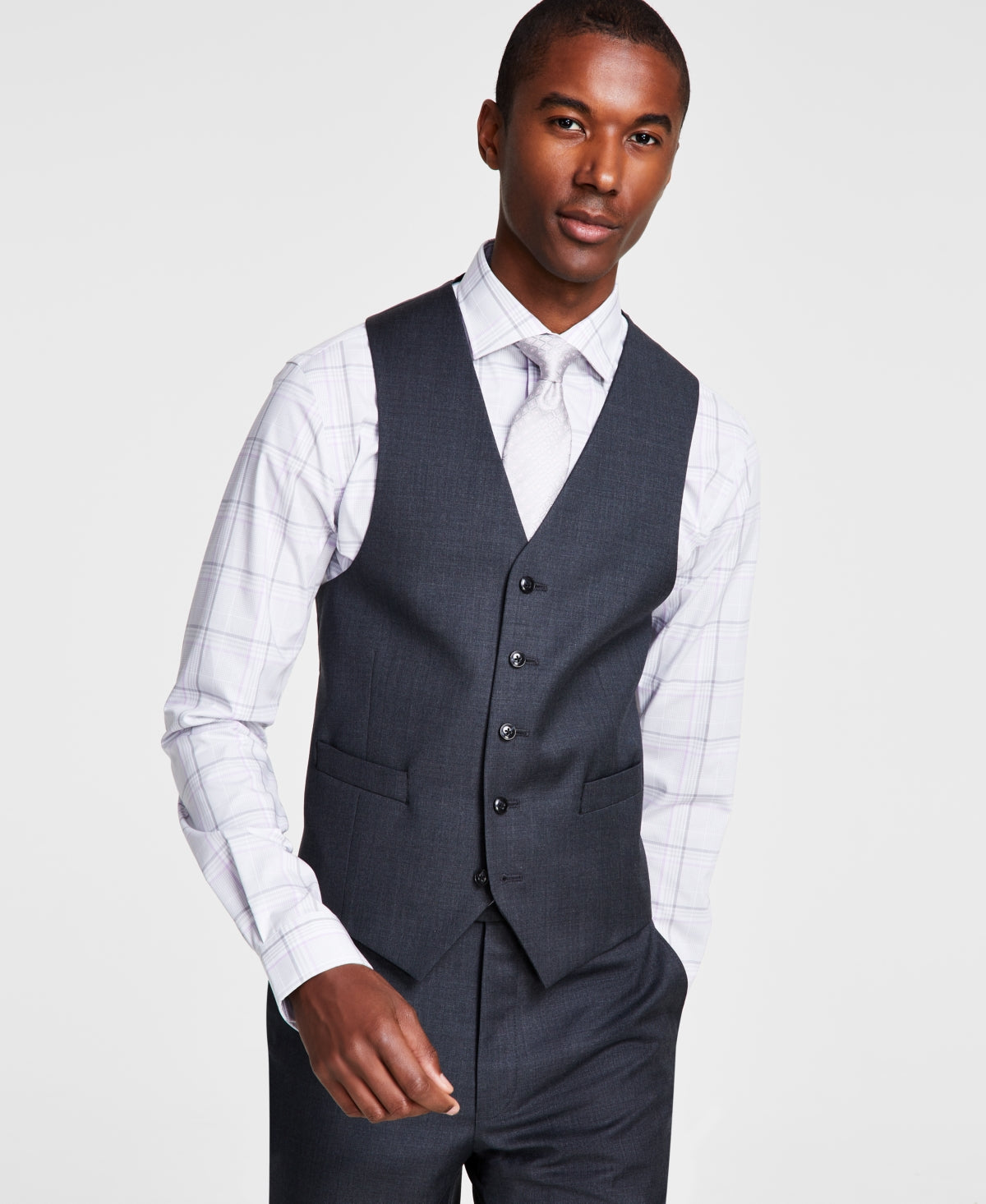 Michael Kors Mens Classic fit Button-Up Vest Medium Grey Solid Stretch Wool
