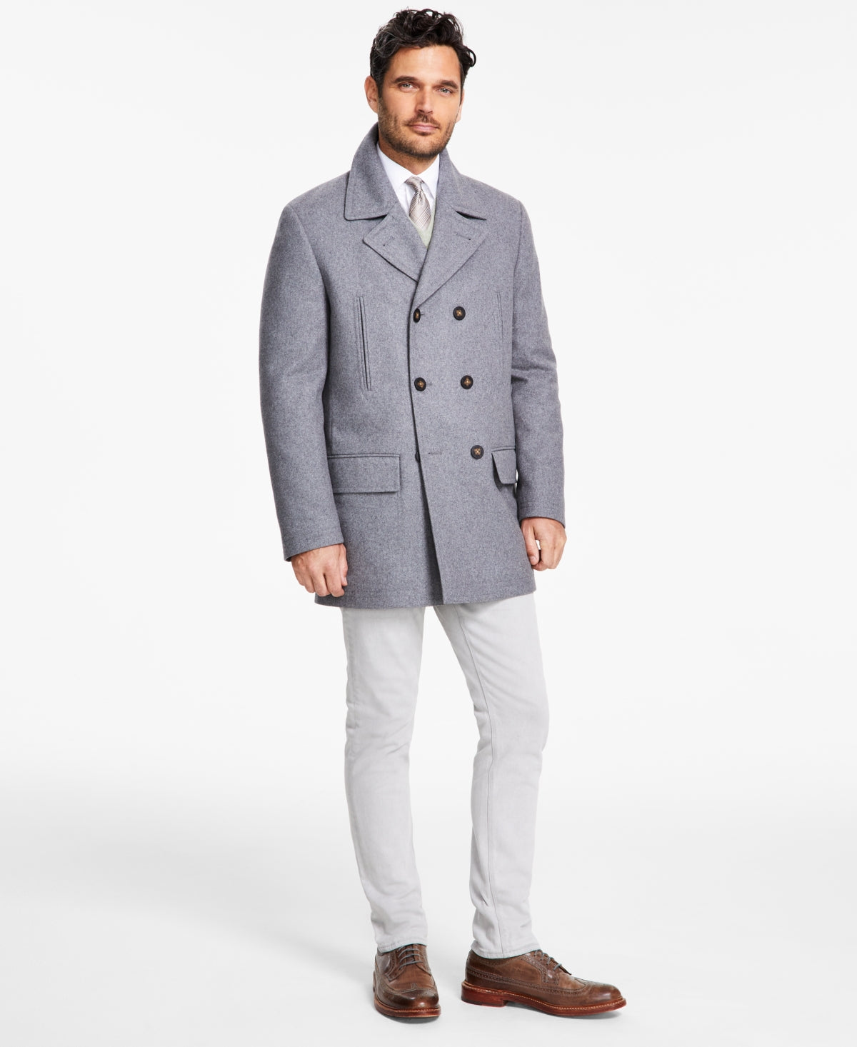 Michael Kors Mens Classic fit Double Breasted Peacoat Coat 42 L Light Grey Solid