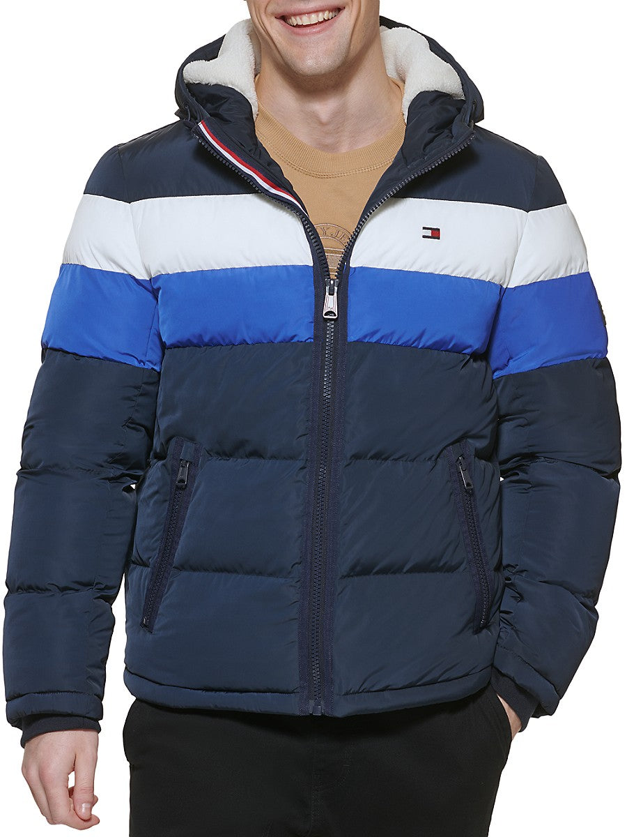Tommy Hilfiger Mens Faux Fur Lined Hooded Quilted Puffer Jacket Blue XL