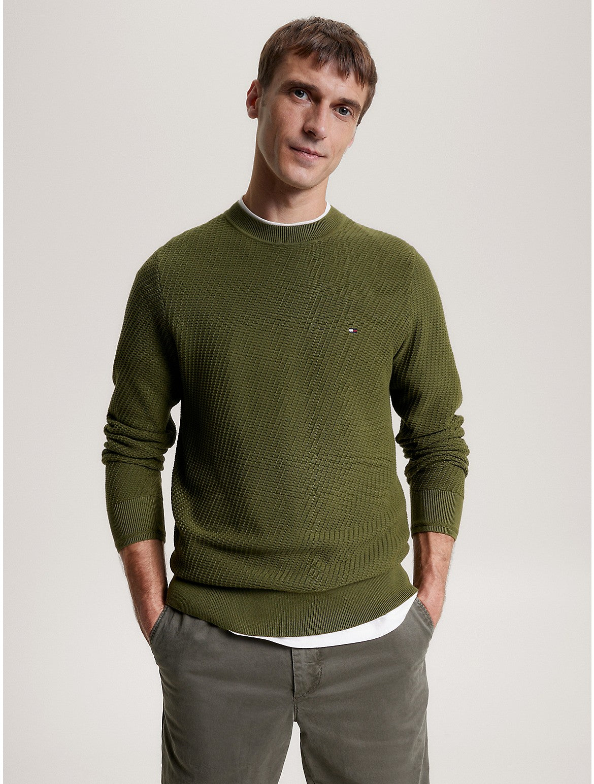 Tommy Hilfiger Mens Stitch Crewneck Sweater Putting Green Small