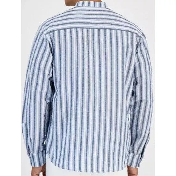 And Now This Men's Banded Collar Seersucker Shirt Large Open Blue