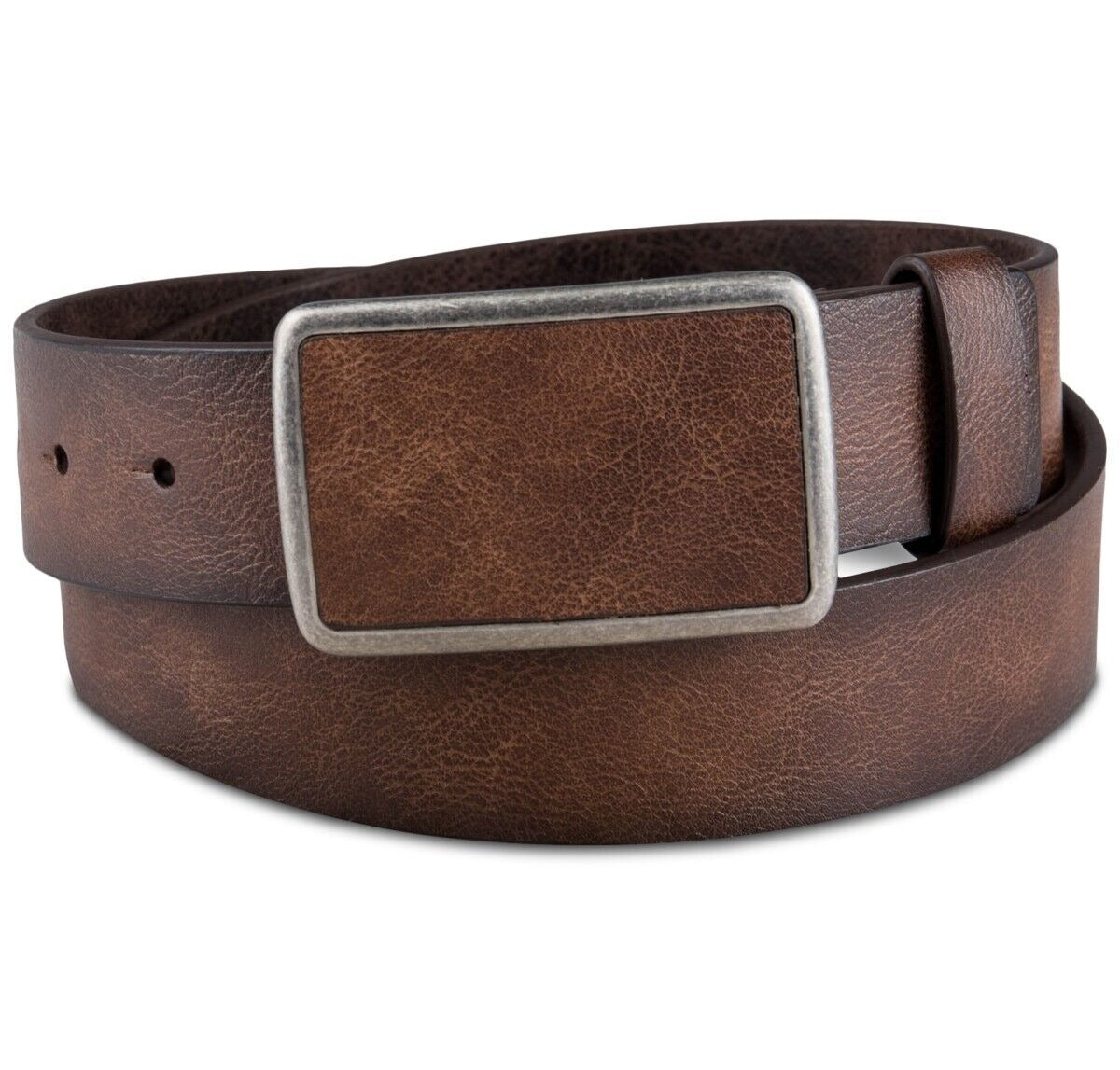 SUN + STONE Men's Bonded Leather Plaque Buckle Belt Brown Small 30 32