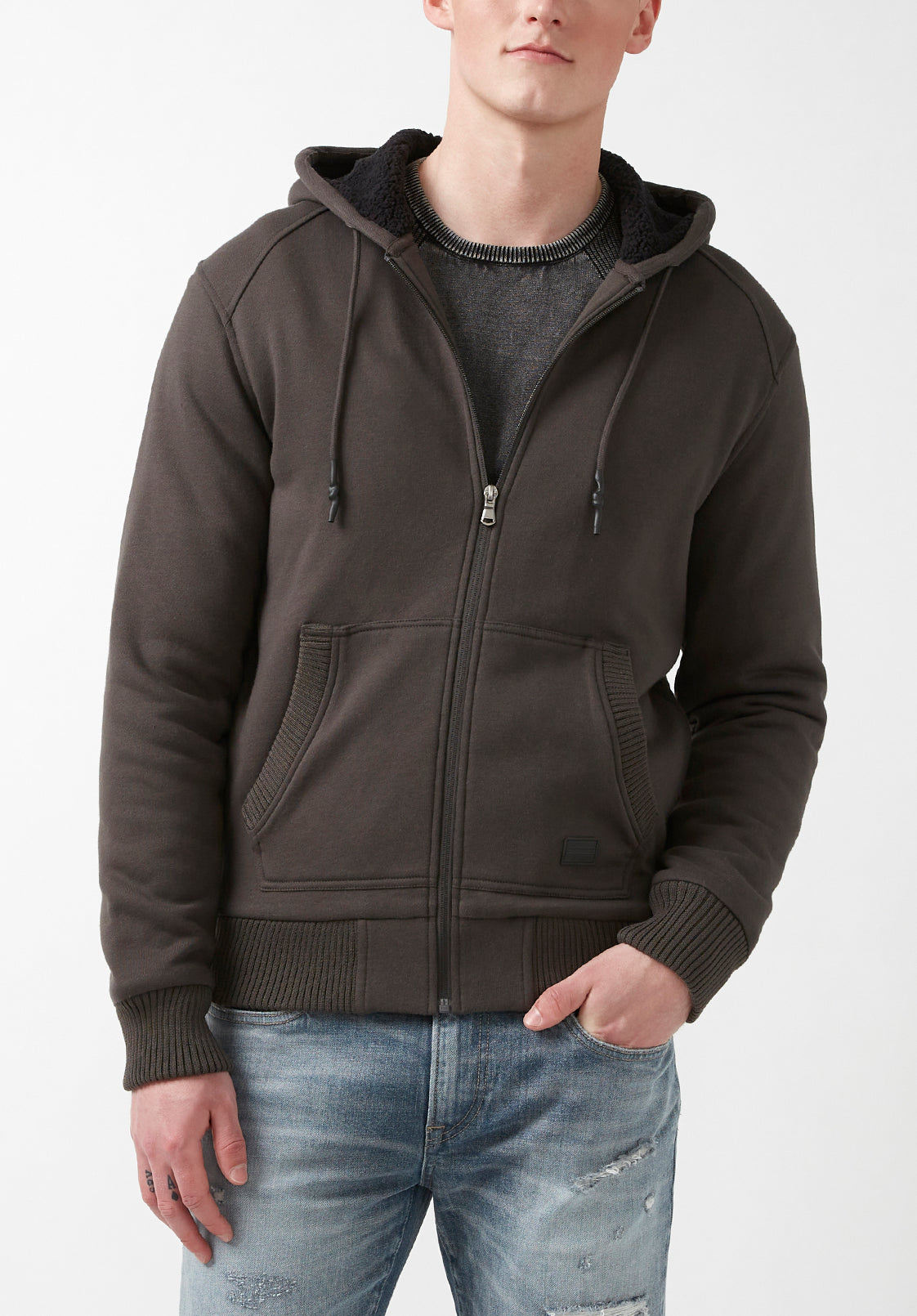 Buffalo David Bitton Men's Fleece Lined Full Zip Sweatshirt Charcoal Grey Large