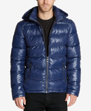 GUESS Mens Navy Hooded Puffer Coat 2XL XXL