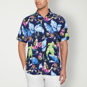 Cubavera Men's Leaf Print Short Sleeve Button Up Shirt Blue Large