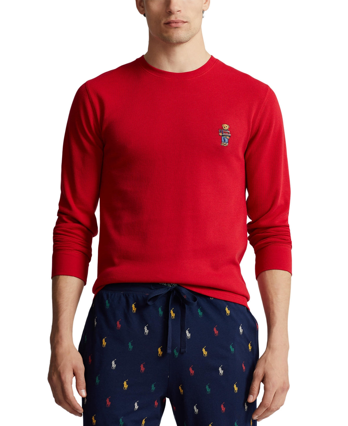 Polo Ralph Lauren Mens Waffle-Knit Thermal Shirt Park Avenue Red Bear Large