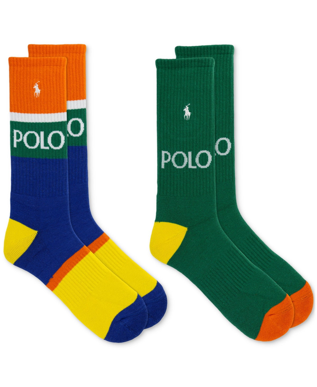 Polo Ralph Lauren Men's 2 Pack Logo Stripe Crew Socks Blue Green Orange 10 to 13