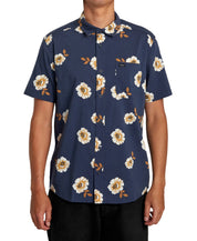 Rvca Men's Botanical Short Sleeve Button Down Shirt Moody Blue Small