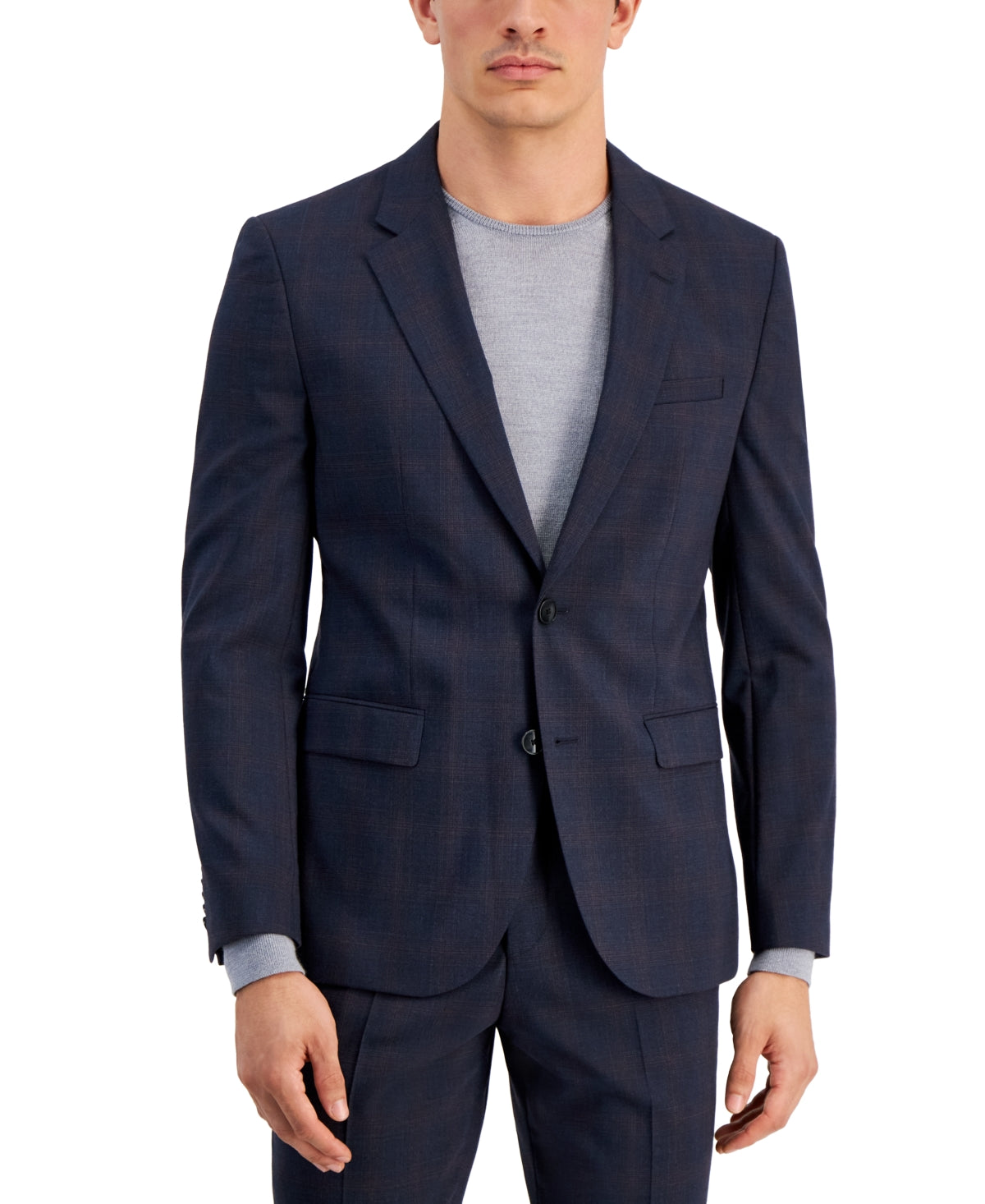 Hugo Boss Mens Modern Fit Dark Plaid Wool Blend Suit Jacket Blue 40R