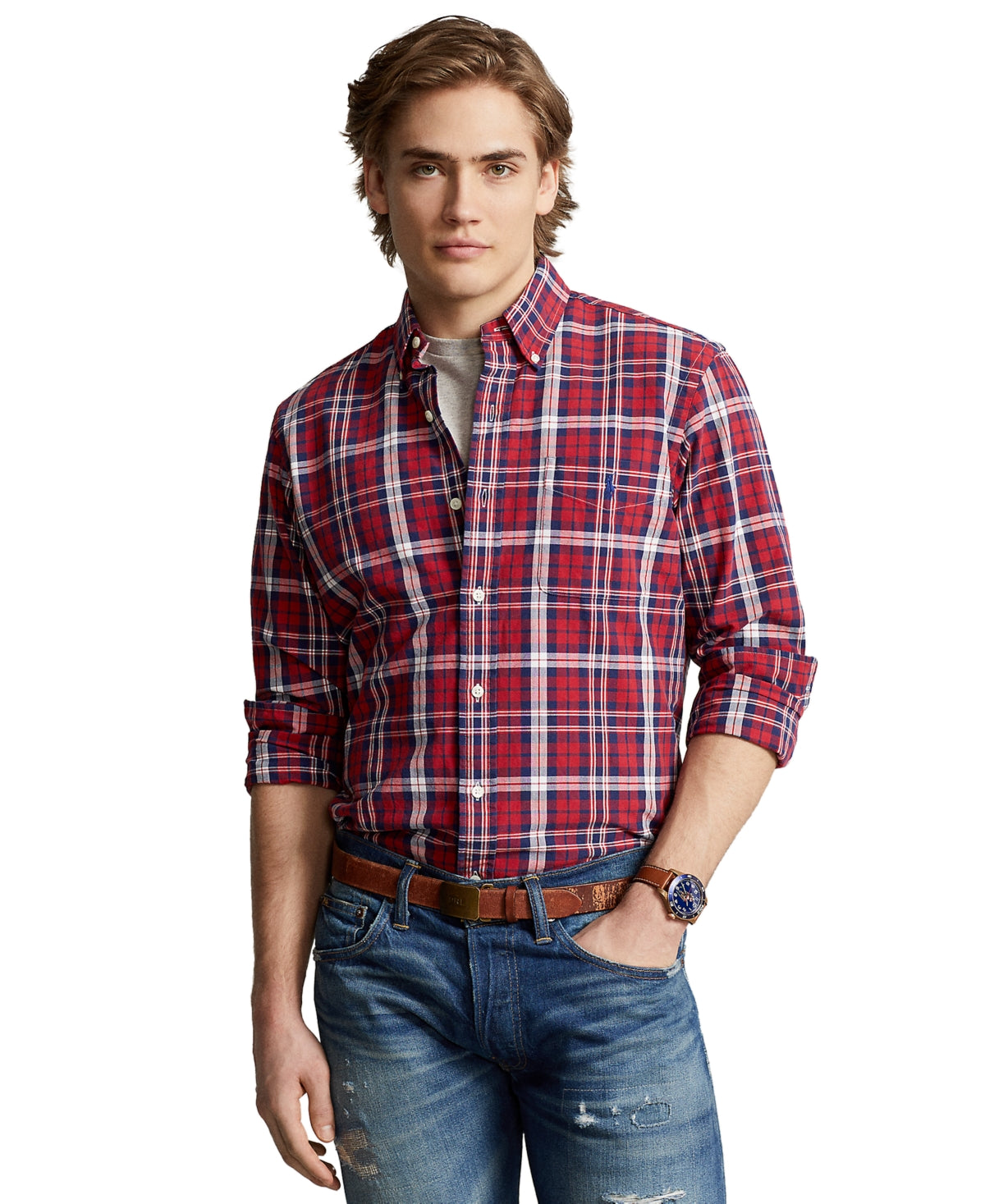 Polo Ralph Lauren Mens Classic Fit Plaid Oxford Button Down Shirt Red Navy XS