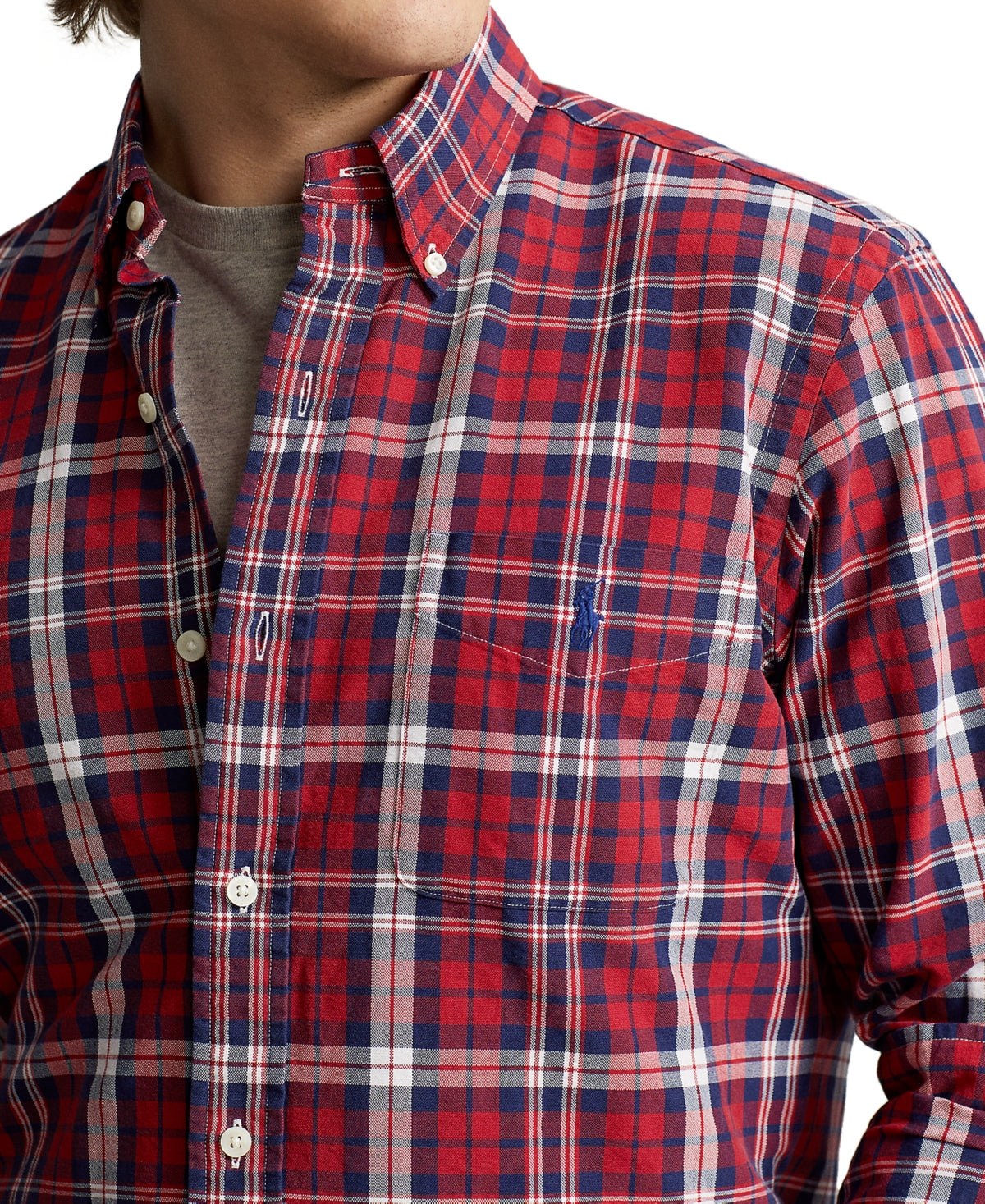 Polo Ralph Lauren Mens Classic Fit Plaid Oxford Button Down Shirt Red Navy XS