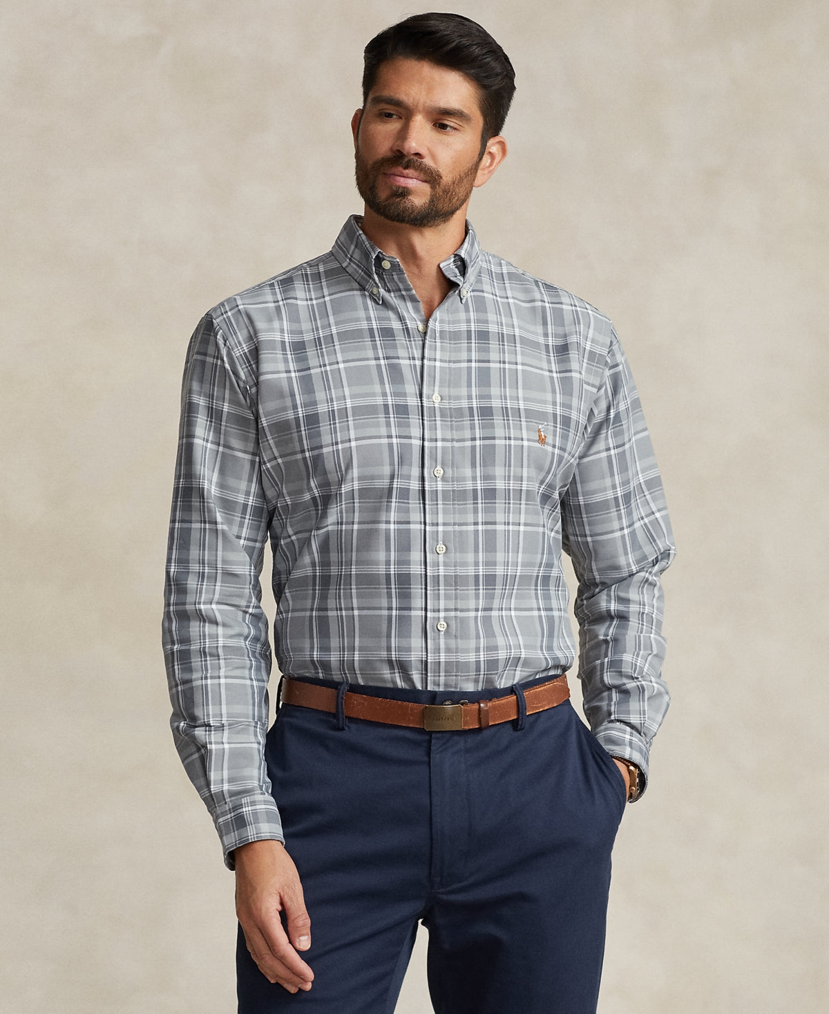 Polo Ralph Lauren Men's Big & Tall Performance Oxford Shirt Grey Plaid 3XLT