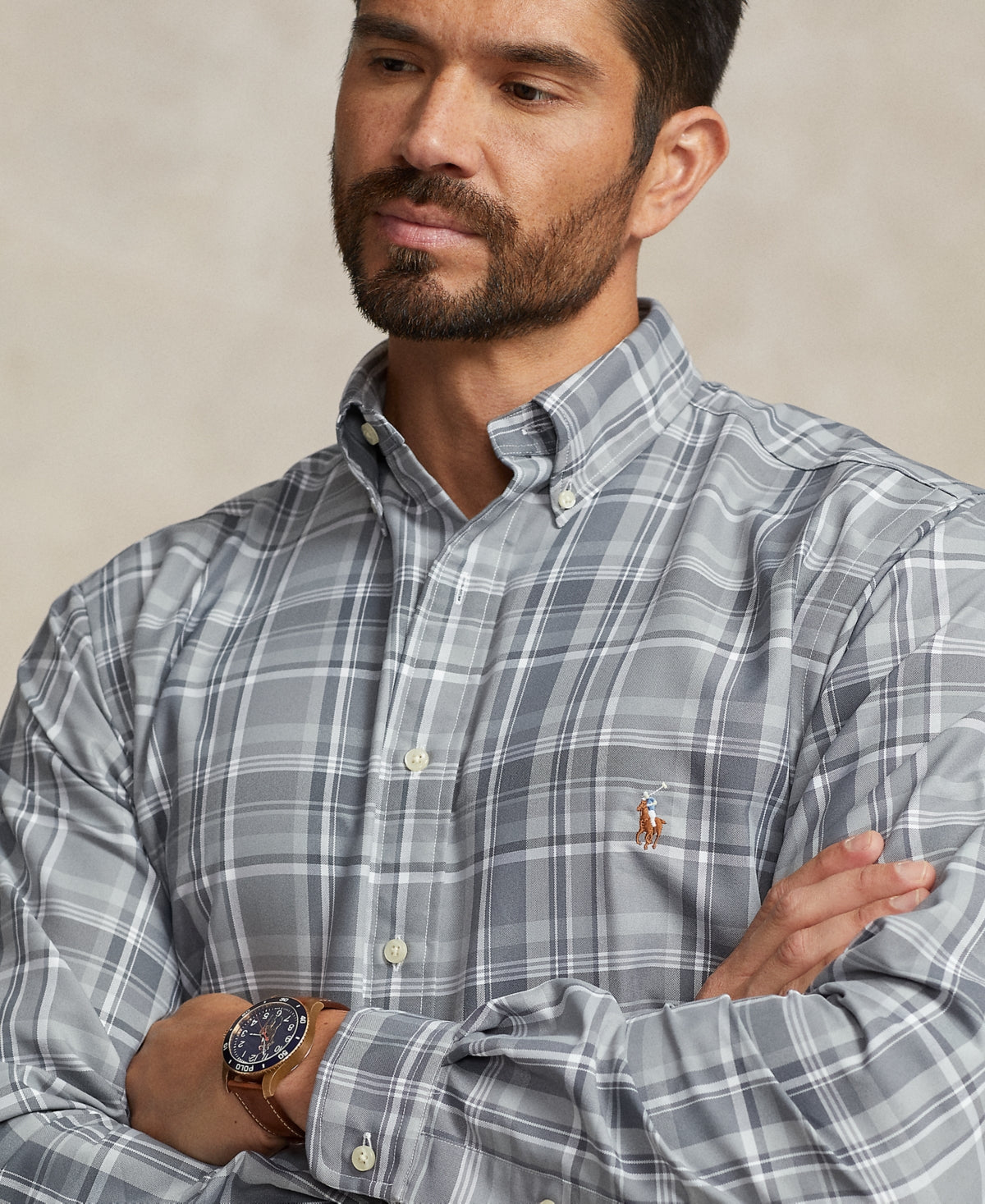 Polo Ralph Lauren Men's Big & Tall Performance Oxford Shirt Grey Plaid 3XLT