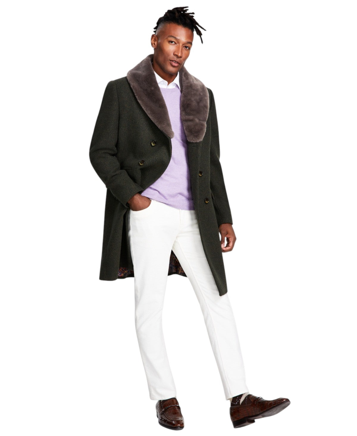 Tayion Collection Mens Classic-Fit Double-Breasted Fur Collar Overcoat 36R Green