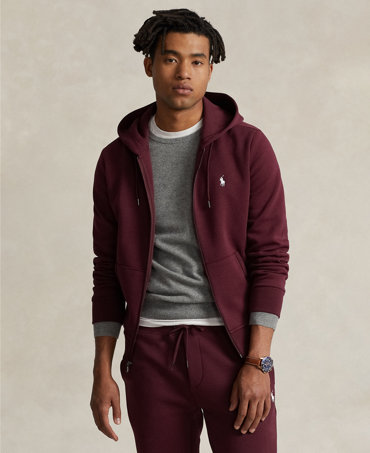 Polo Ralph Lauren Mens Double Knit Full Zip Hoodie Sweater Wine Red Large