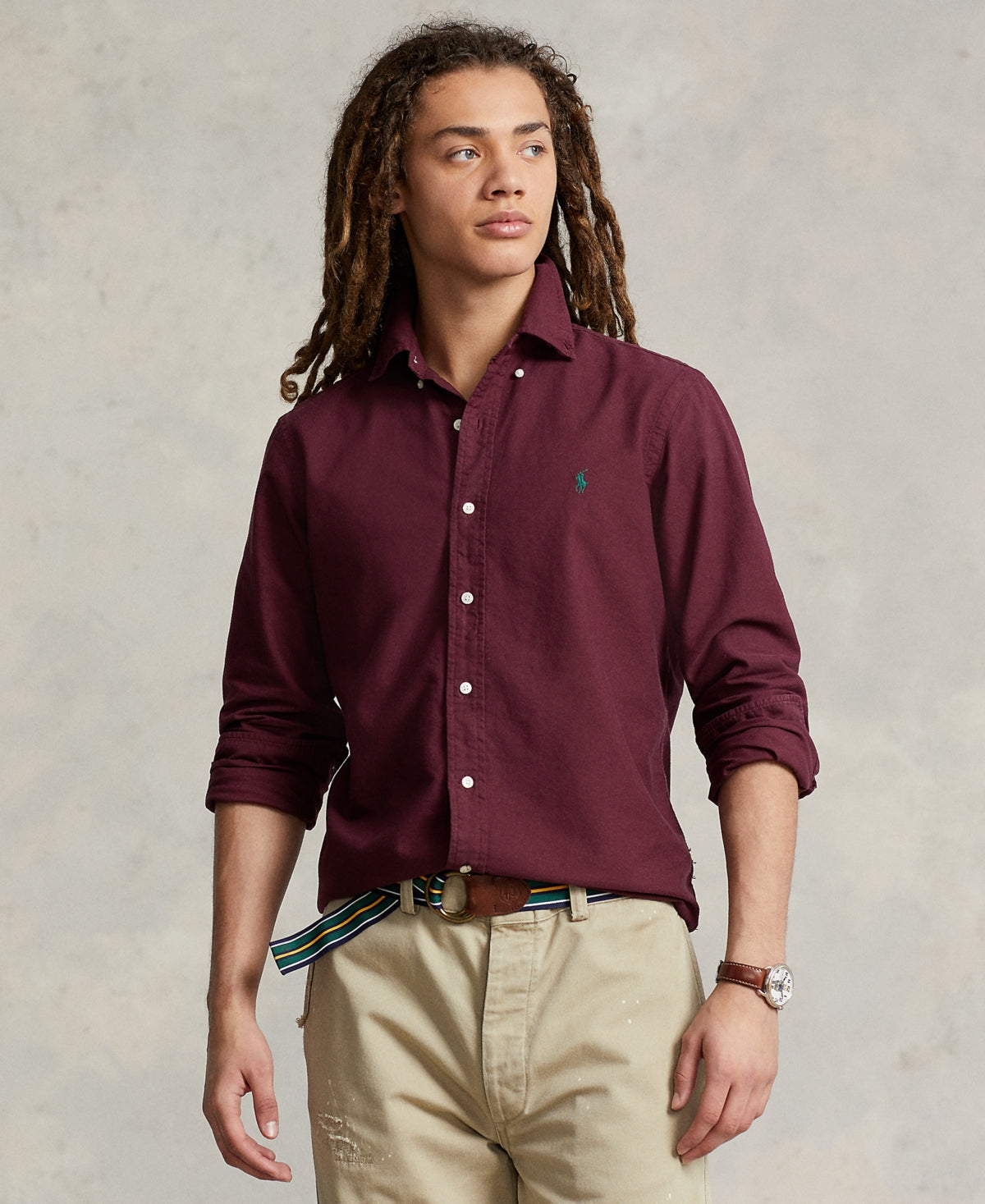 Polo Ralph Lauren Mens Classic Fit Long Sleeve Garment Dyed Oxford Shirt Wine Medium