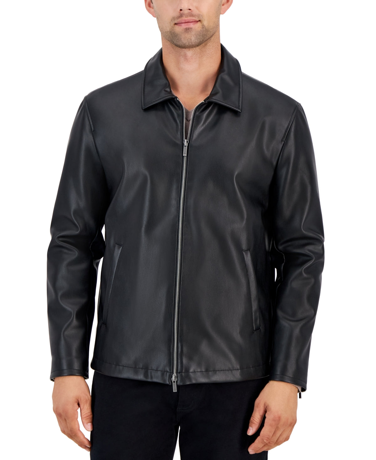 Alfani Mens Casual Coat Faux Leather Jacket XL Black Solid
