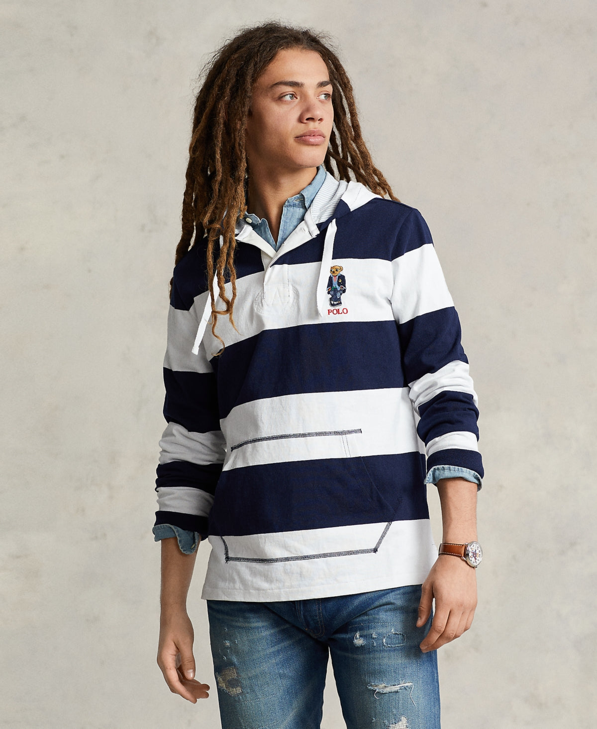 Polo Ralph Lauren Men's Polo Bear Jersey Hooded Rugby Shirt Navy Blue XL