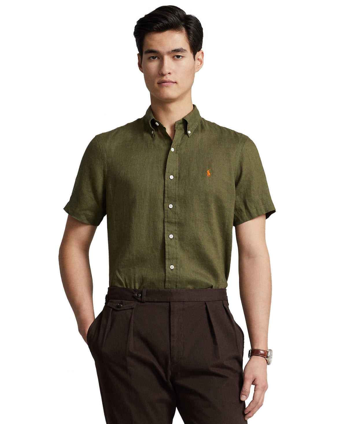 Polo Ralph Lauren Men's Short Sleeve Linen Button Down Dark Sage Green XS