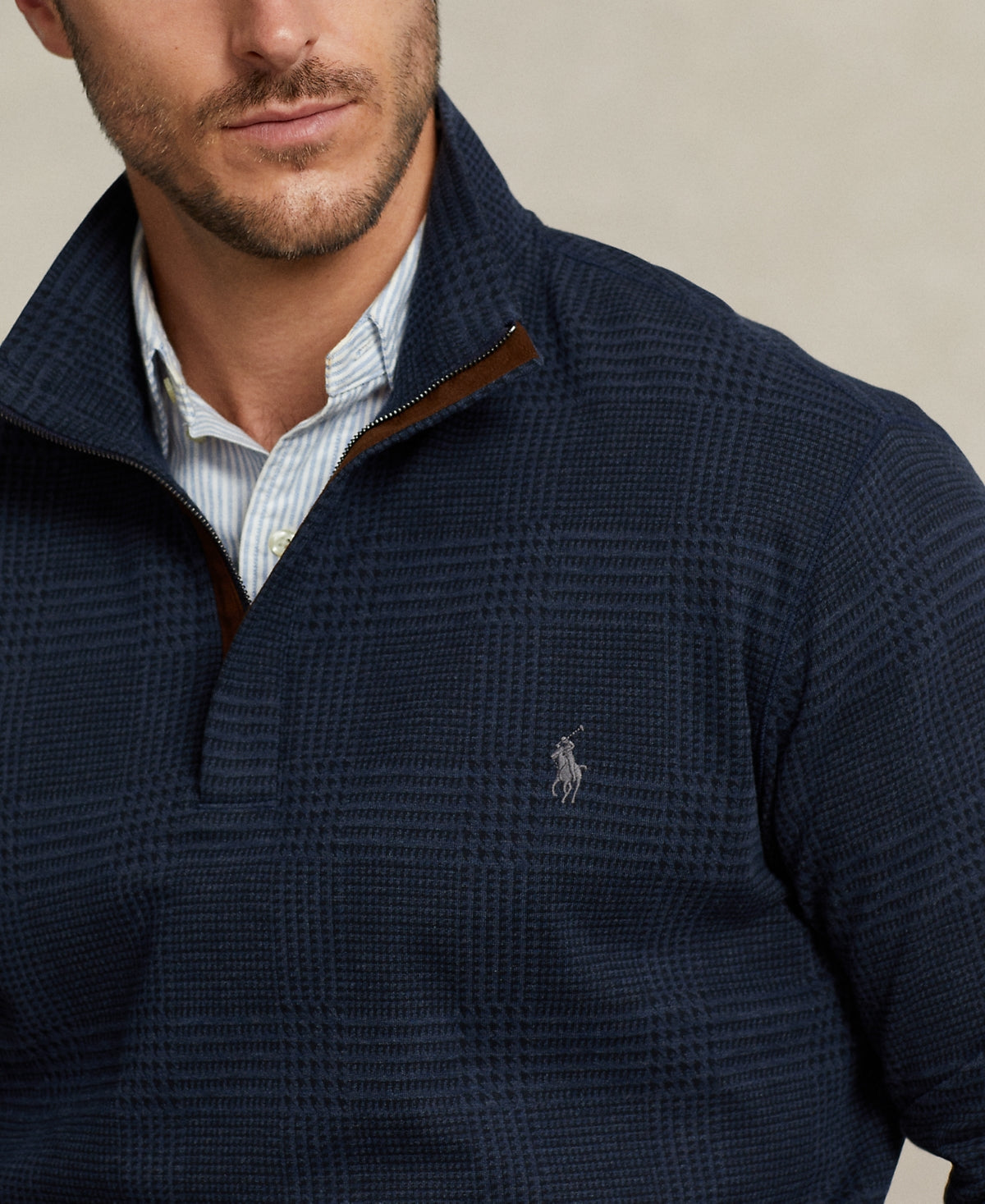 Polo Ralph Lauren Mens Big Tall Double Knit Jersey Quarter Zip Sweater Blue 3XLT