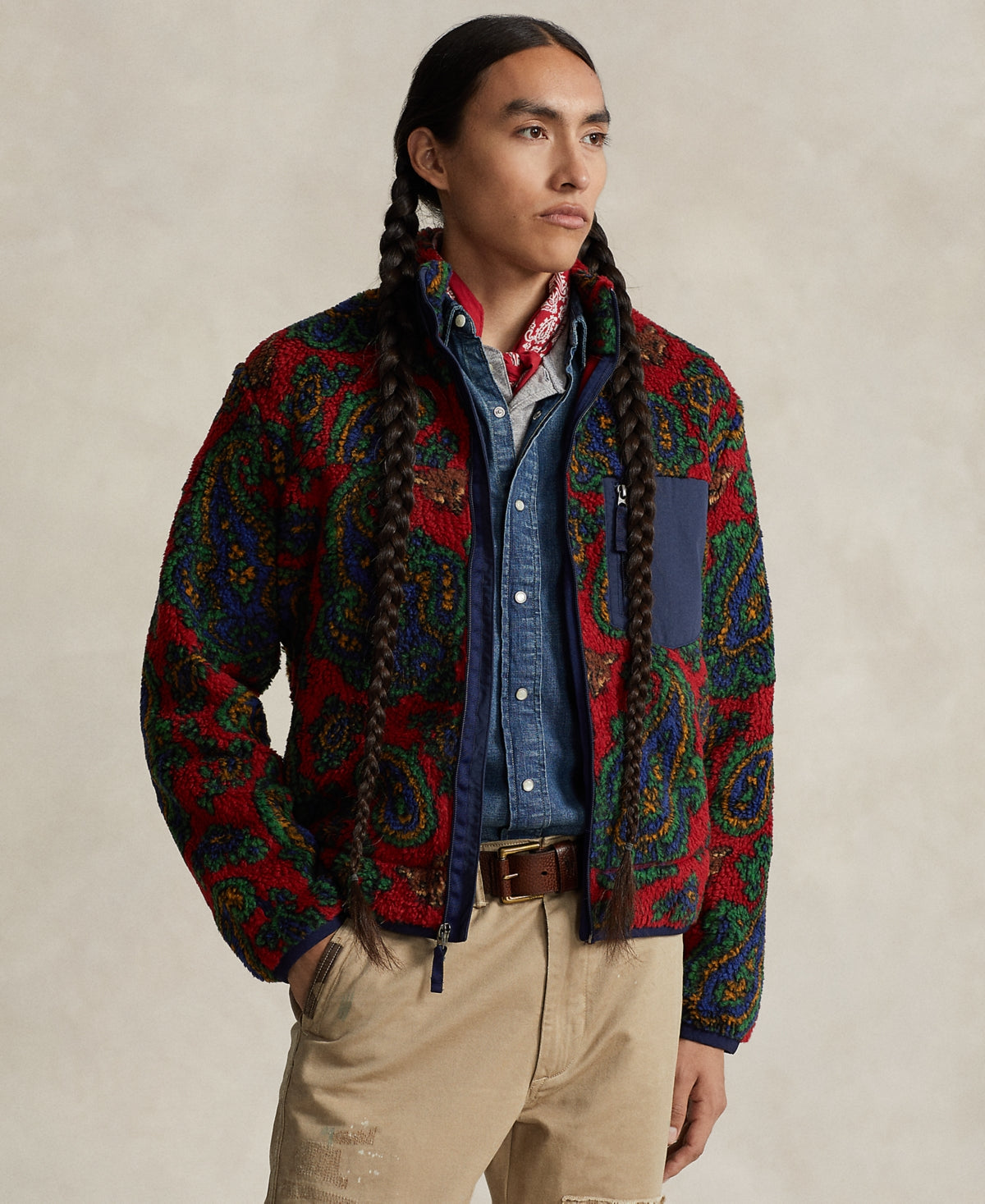 Polo Ralph Lauren Mens Paisley Fleece Jacket Jacquard Holiday Red Multi Large
